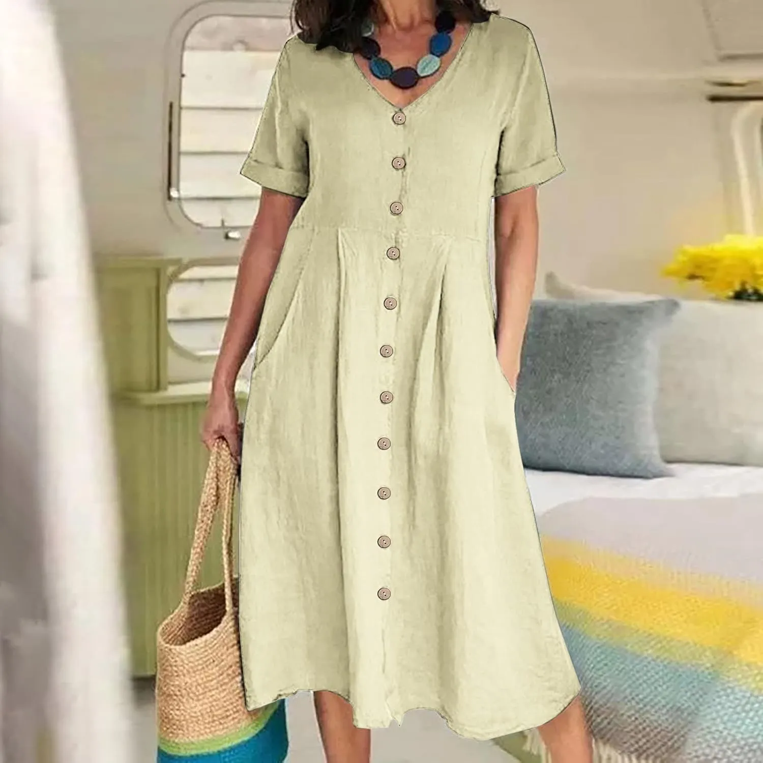 Women's Cotton Linen Button Down Dress Casual V Neck Short Sleeve Maxi Dresses Solid Color Lightweight Loose Outfits