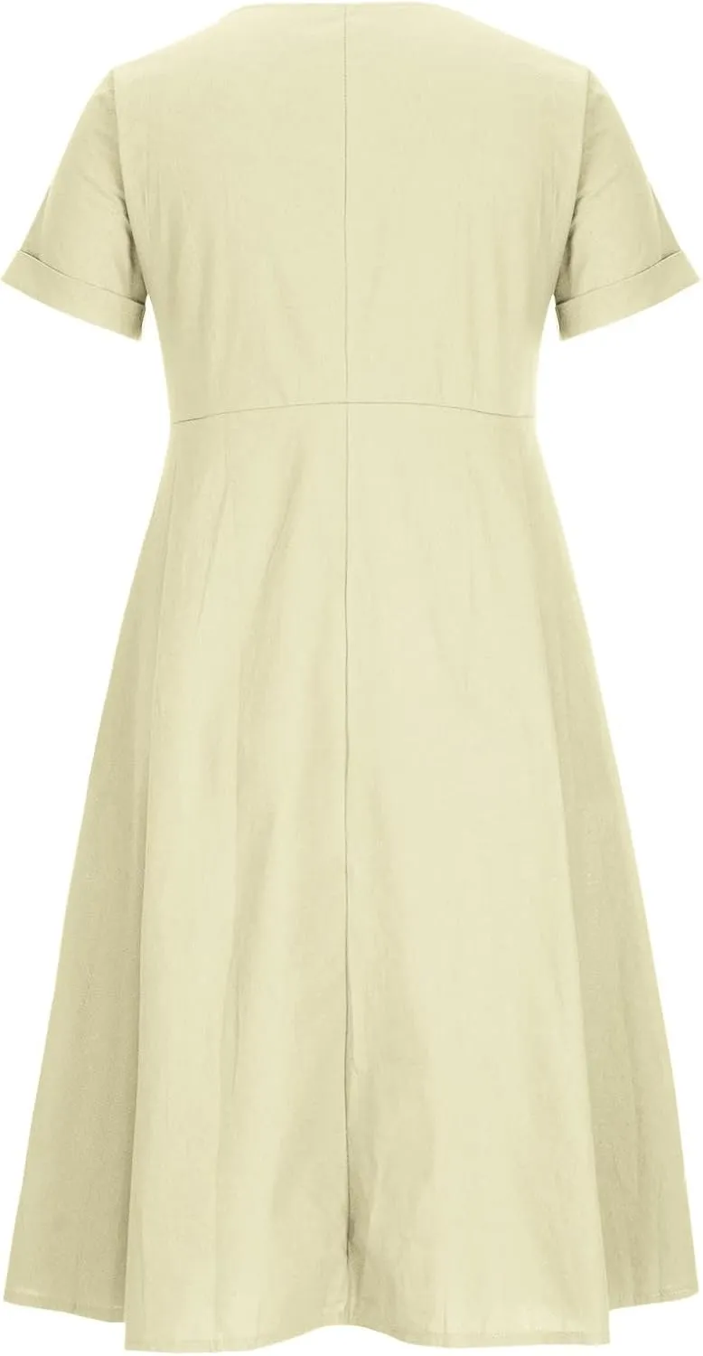 Women's Cotton Linen Button Down Dress Casual V Neck Short Sleeve Maxi Dresses Solid Color Lightweight Loose Outfits