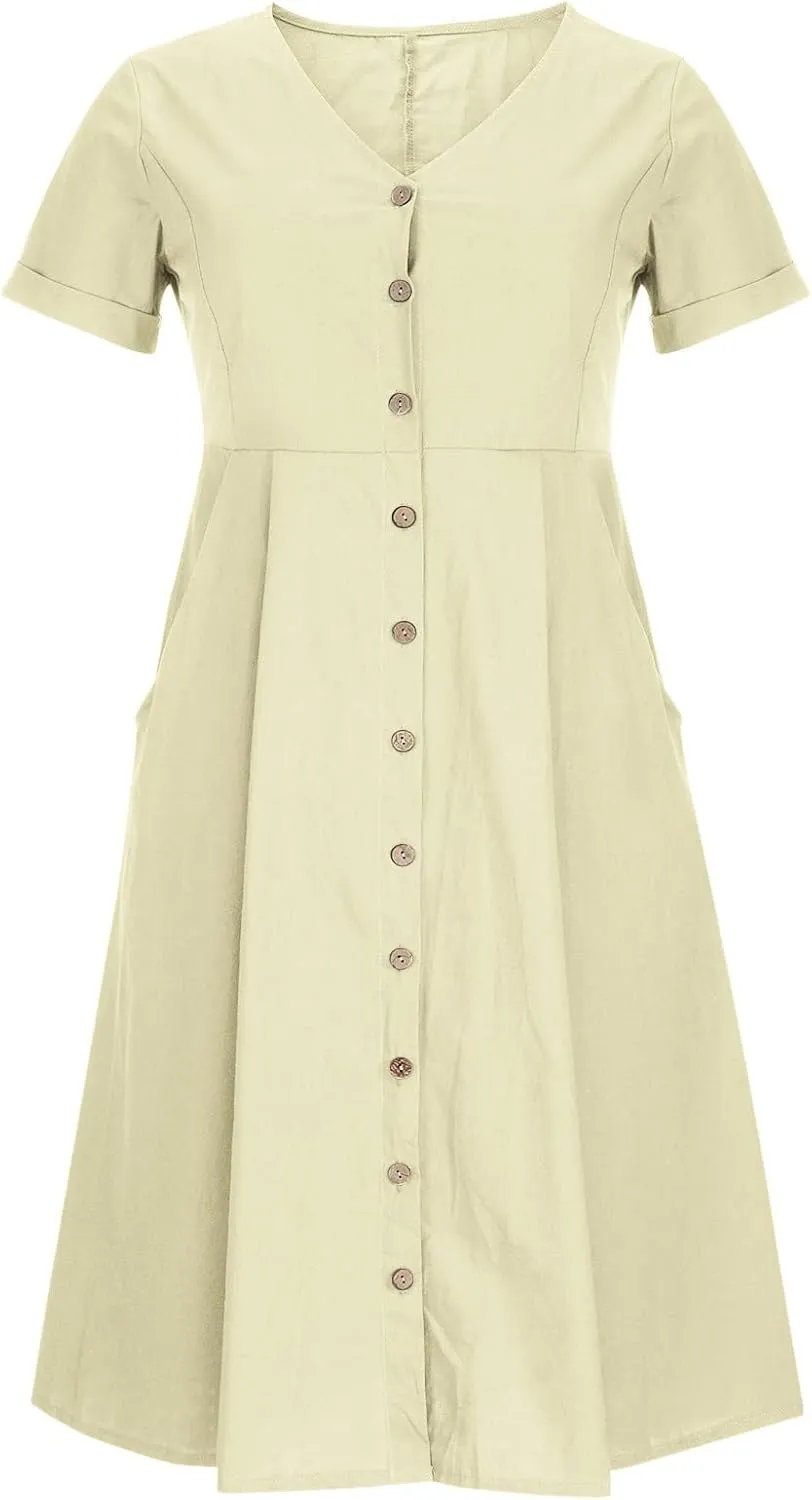 Women's Cotton Linen Button Down Dress Casual V Neck Short Sleeve Maxi Dresses Solid Color Lightweight Loose Outfits
