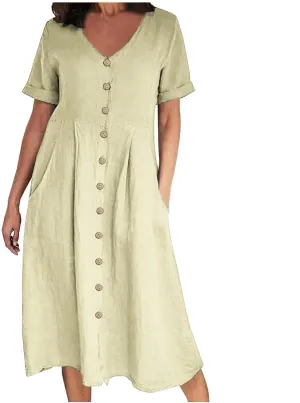 Women's Cotton Linen Button Down Dress Casual V Neck Short Sleeve Maxi Dresses Solid Color Lightweight Loose Outfits