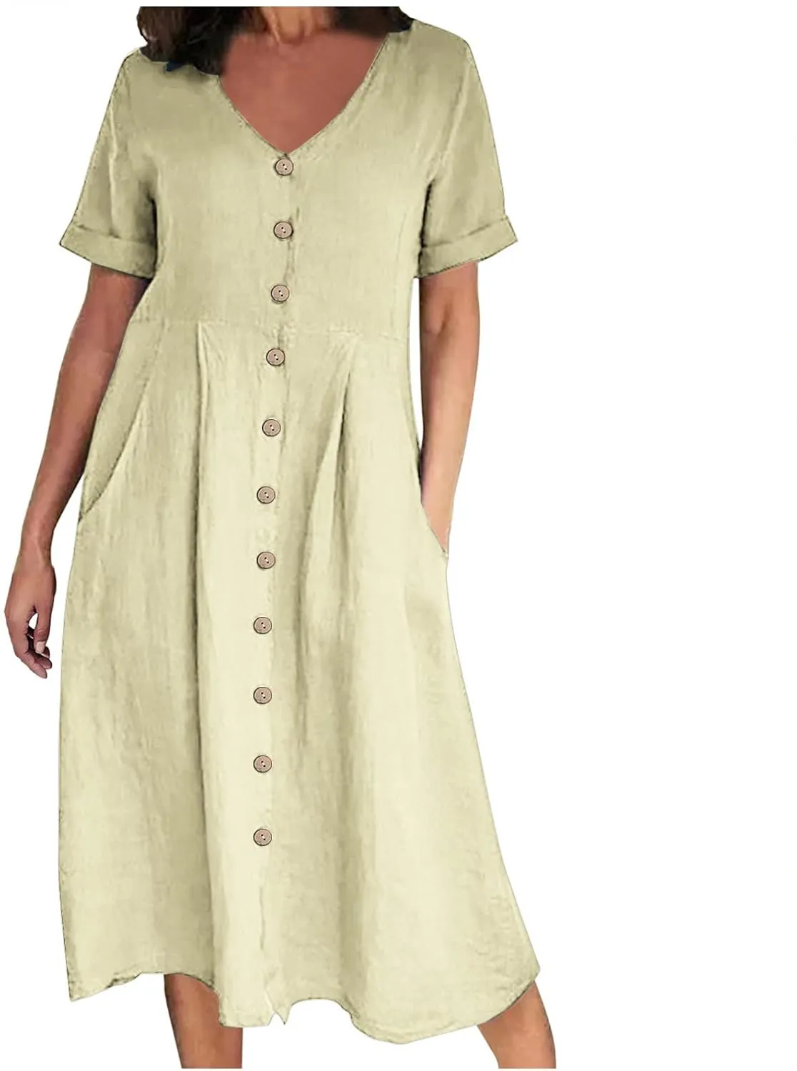 Women's Cotton Linen Button Down Dress Casual V Neck Short Sleeve Maxi Dresses Solid Color Lightweight Loose Outfits