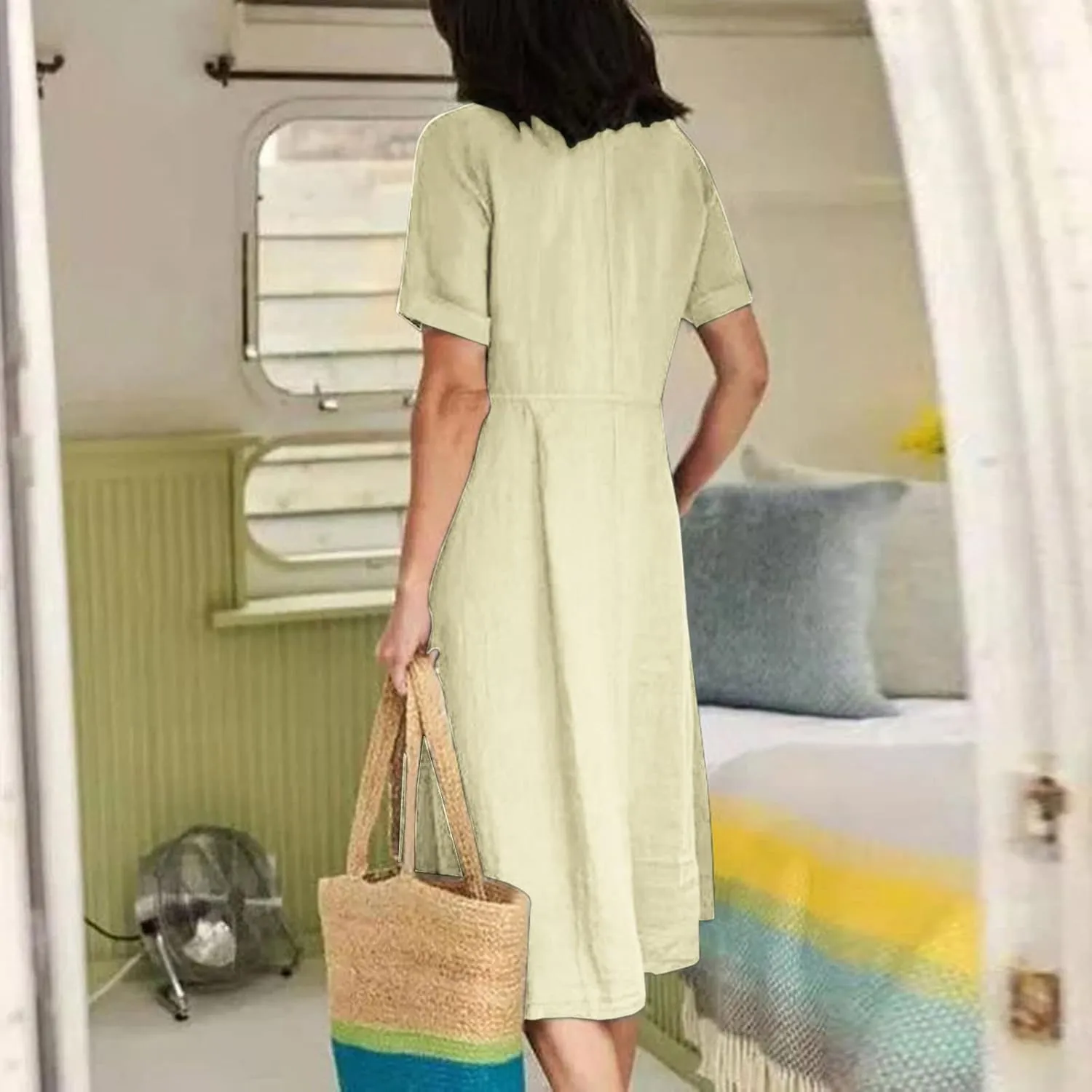 Women's Cotton Linen Button Down Dress Casual V Neck Short Sleeve Maxi Dresses Solid Color Lightweight Loose Outfits