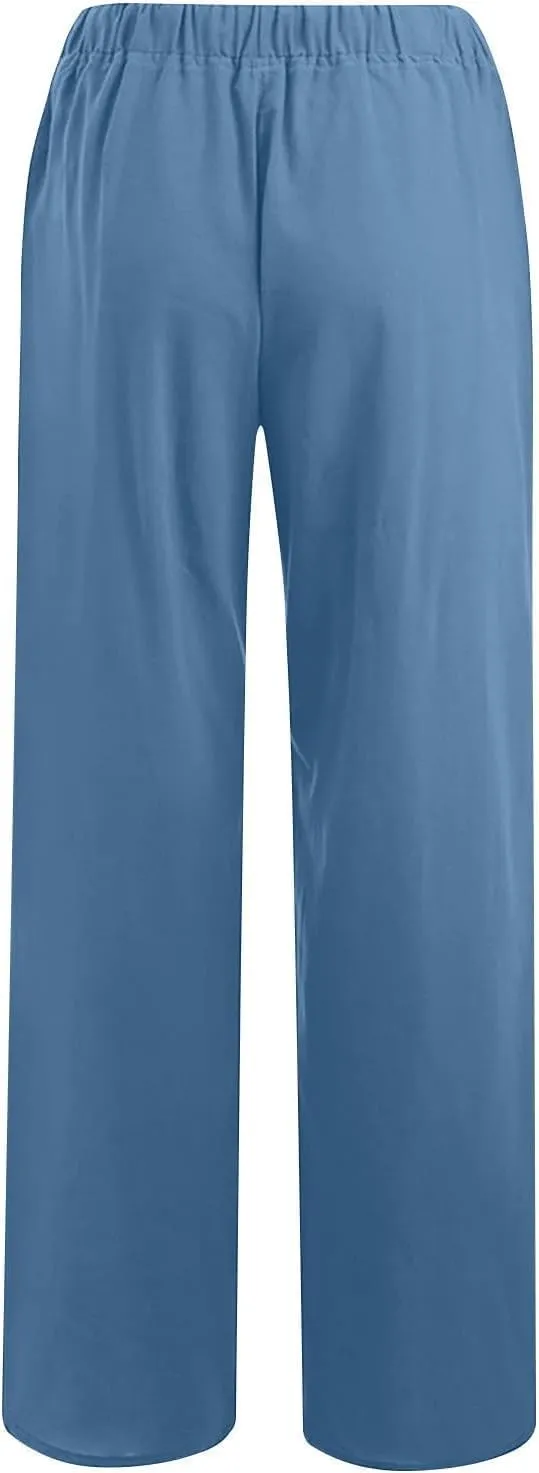 Women's Cotton Linen Pants,Spring Summer Wide Leg Casual Loose Drawstring High Waist Palazzo Pants with Pockets