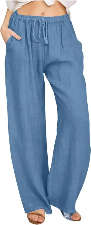 Women's Cotton Linen Pants,Spring Summer Wide Leg Casual Loose Drawstring High Waist Palazzo Pants with Pockets