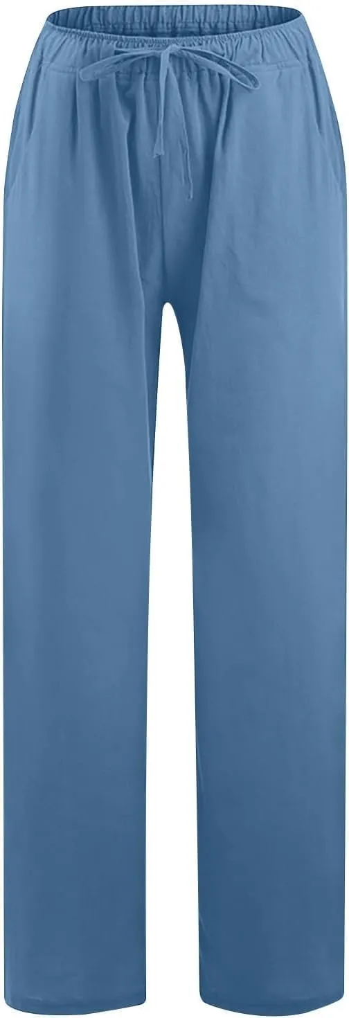 Women's Cotton Linen Pants,Spring Summer Wide Leg Casual Loose Drawstring High Waist Palazzo Pants with Pockets