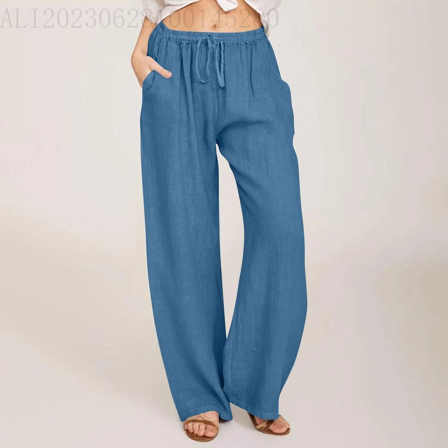 Women's Cotton Linen Pants,Spring Summer Wide Leg Casual Loose Drawstring High Waist Palazzo Pants with Pockets