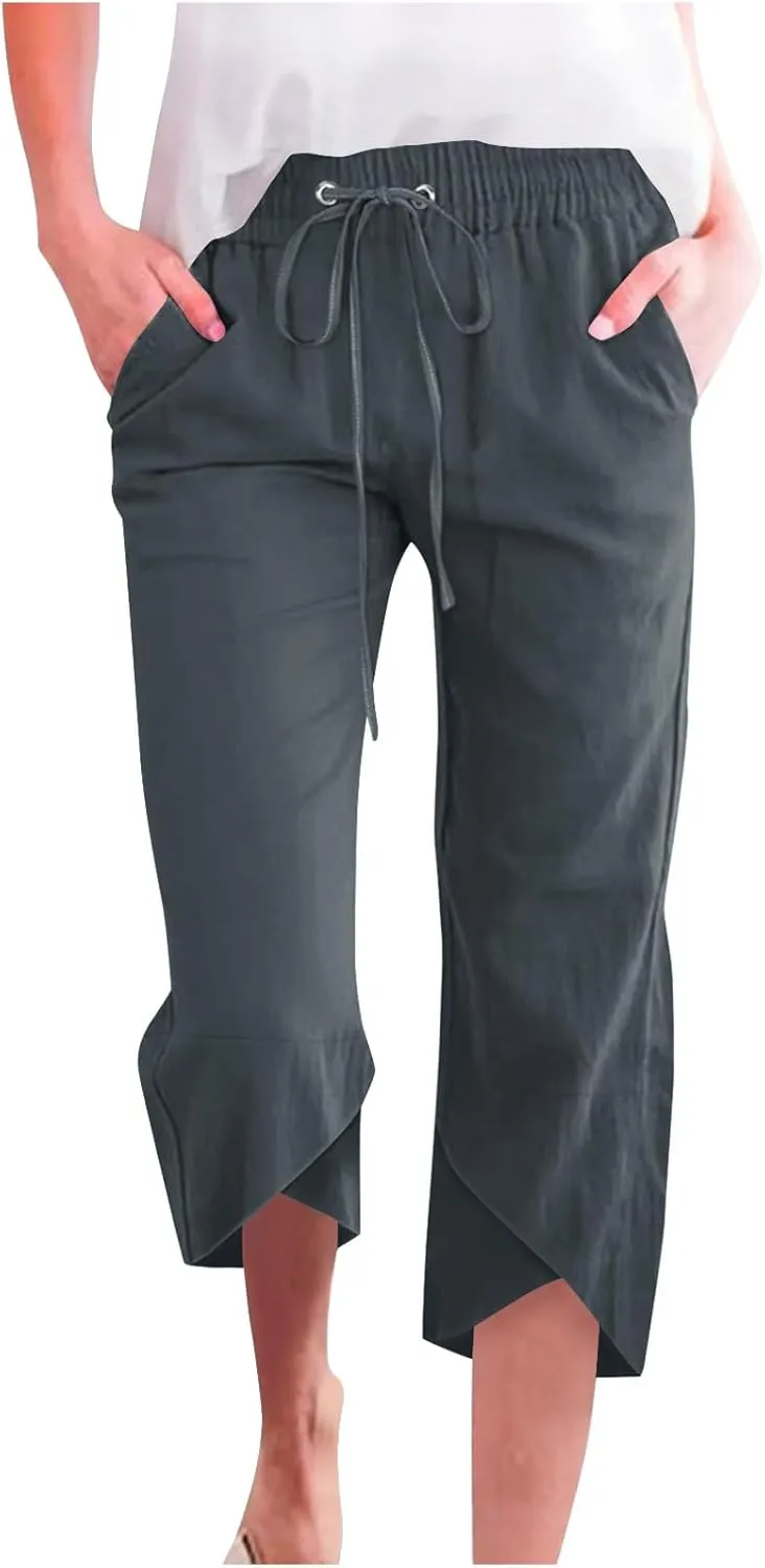 Women's Cotton Linen Straight Leg Pants Elastic Drawstring Casual Trousers with Pockets Summer Beach Lounge Pants