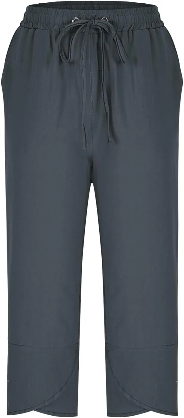 Women's Cotton Linen Straight Leg Pants Elastic Drawstring Casual Trousers with Pockets Summer Beach Lounge Pants