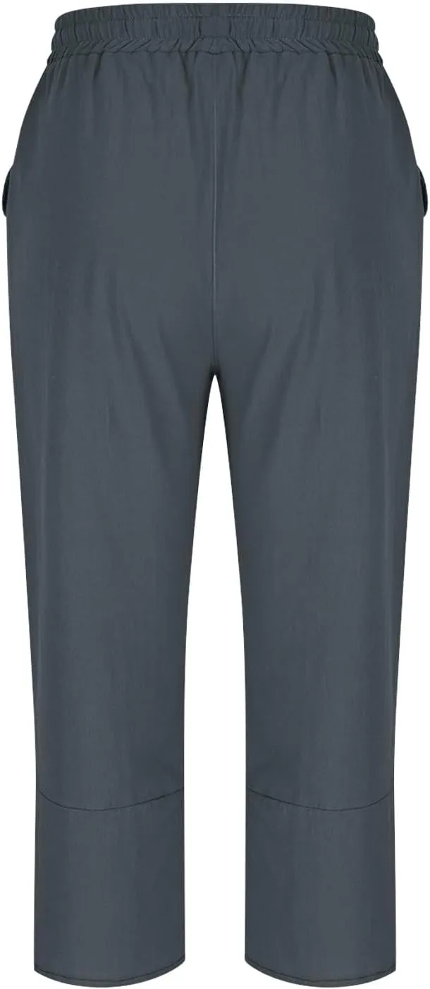 Women's Cotton Linen Straight Leg Pants Elastic Drawstring Casual Trousers with Pockets Summer Beach Lounge Pants