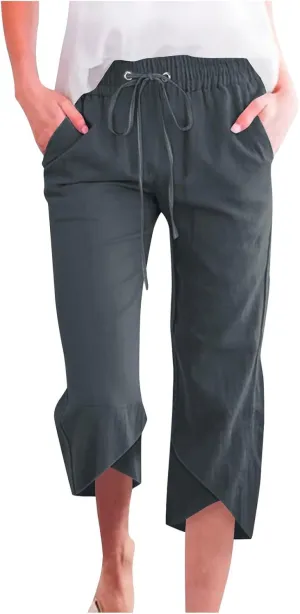 Women's Cotton Linen Straight Leg Pants Elastic Drawstring Casual Trousers with Pockets Summer Beach Lounge Pants