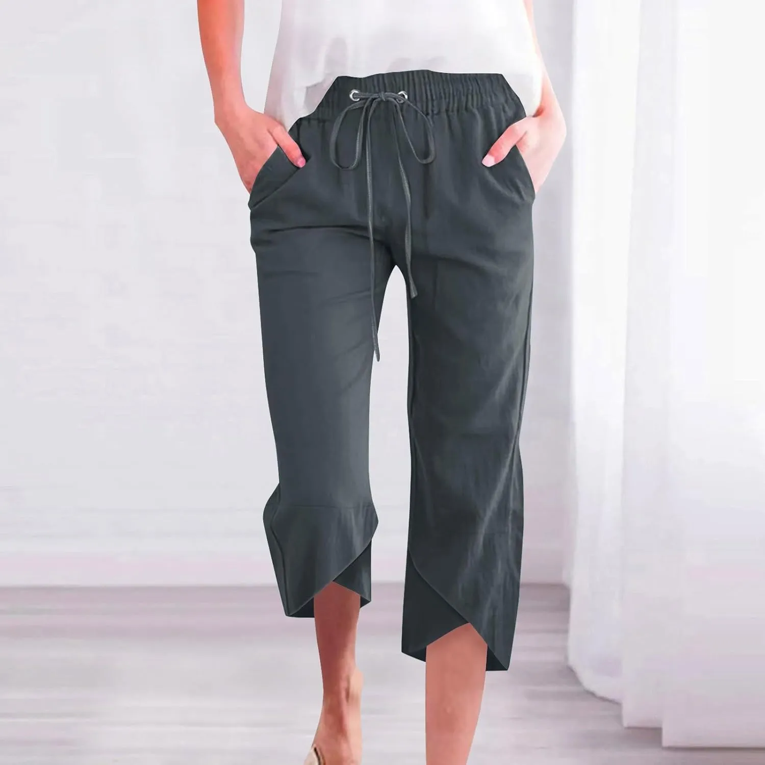 Women's Cotton Linen Straight Leg Pants Elastic Drawstring Casual Trousers with Pockets Summer Beach Lounge Pants