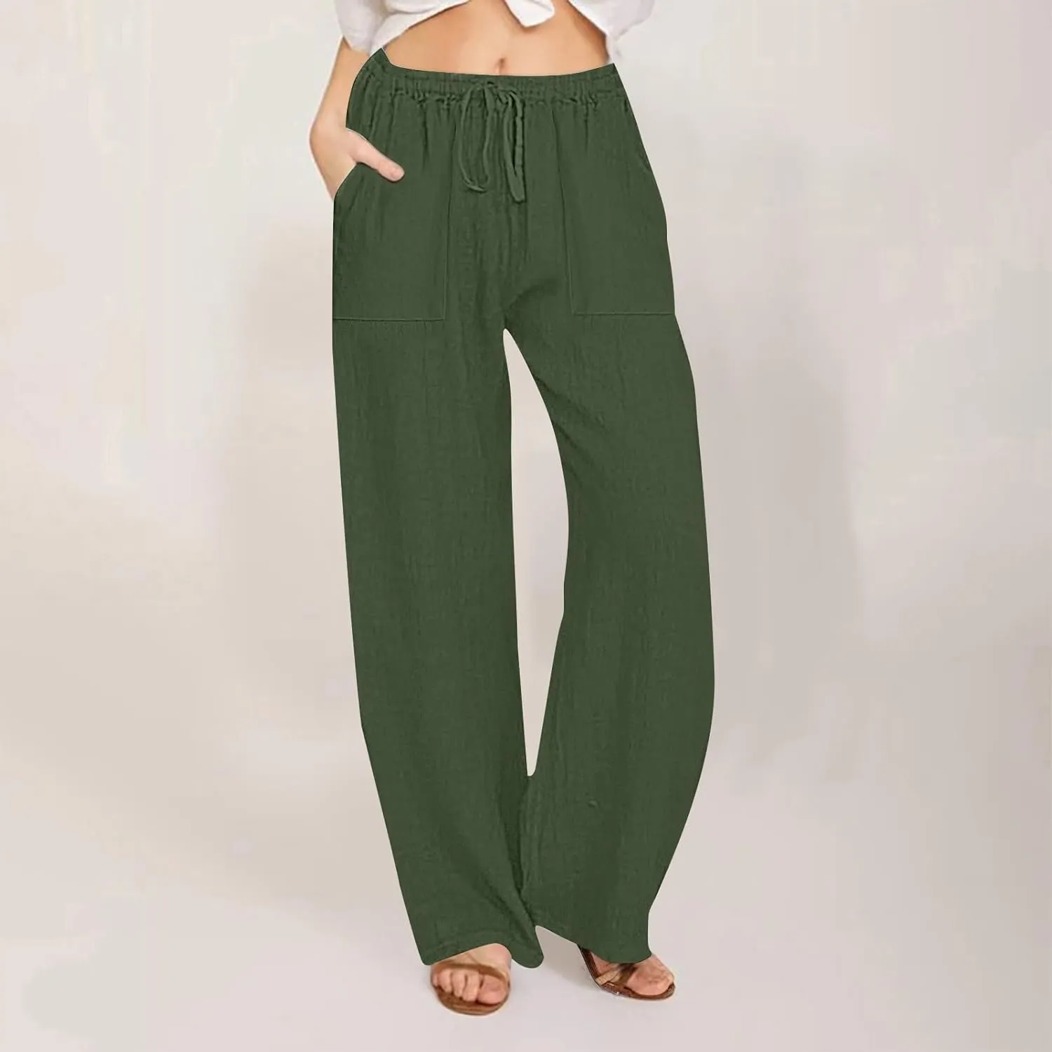 Women's Cotton Linen Wide Leg Pants High Waisted Casual Comfy Palazzo Trousers Vacation Beach Outfit with Drawstring