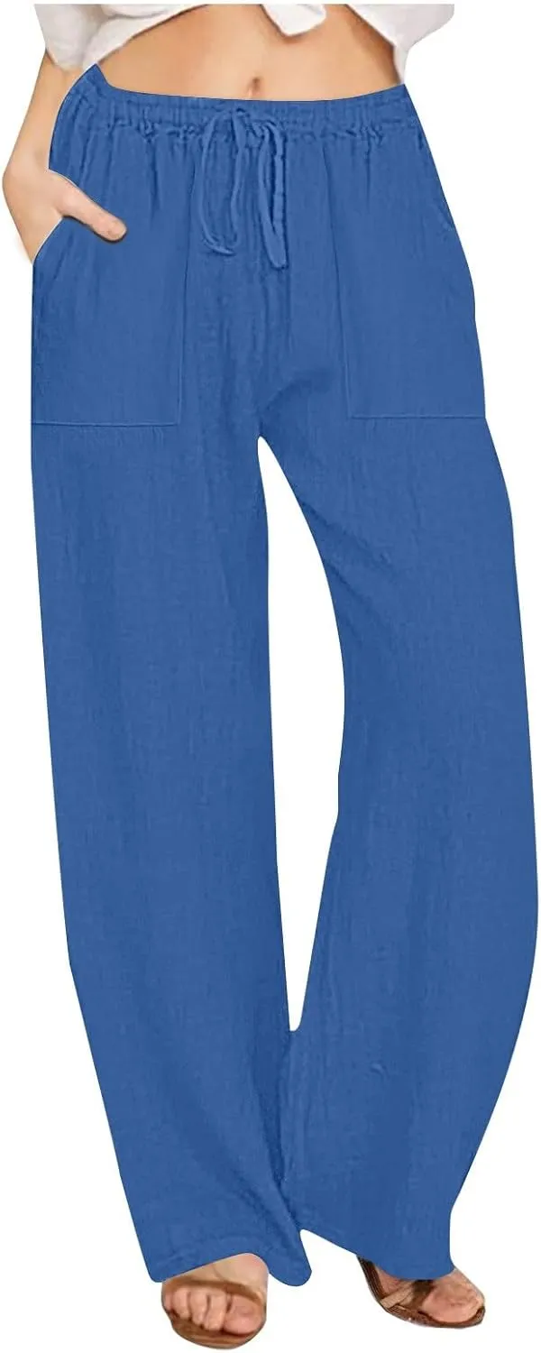 Women's Cotton Linen Wide Leg Pants High Waisted Casual Comfy Palazzo Trousers Vacation Beach Outfit with Drawstring
