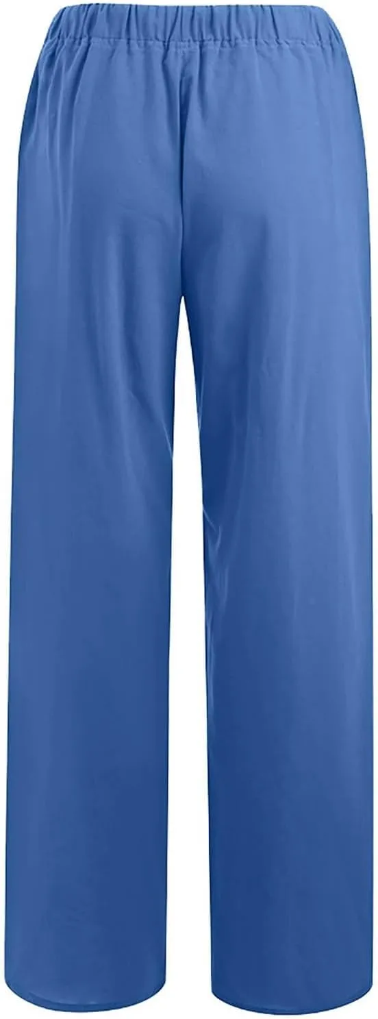 Women's Cotton Linen Wide Leg Pants High Waisted Casual Comfy Palazzo Trousers Vacation Beach Outfit with Drawstring