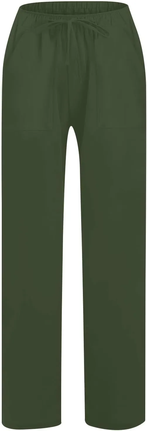 Women's Cotton Linen Wide Leg Pants High Waisted Casual Comfy Palazzo Trousers Vacation Beach Outfit with Drawstring