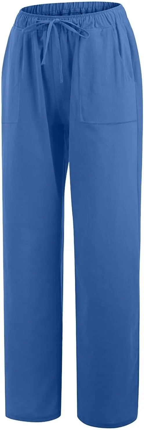 Women's Cotton Linen Wide Leg Pants High Waisted Casual Comfy Palazzo Trousers Vacation Beach Outfit with Drawstring