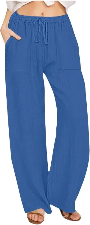 Women's Cotton Linen Wide Leg Pants High Waisted Casual Comfy Palazzo Trousers Vacation Beach Outfit with Drawstring