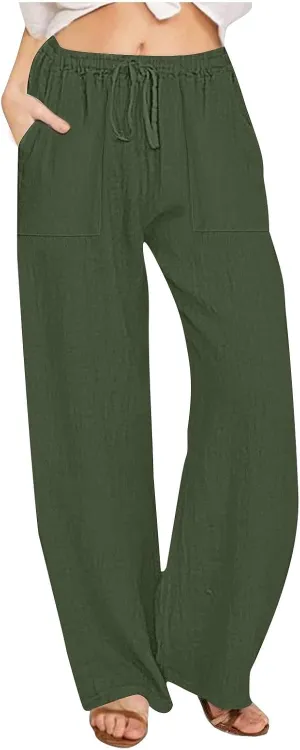 Women's Cotton Linen Wide Leg Pants High Waisted Casual Comfy Palazzo Trousers Vacation Beach Outfit with Drawstring