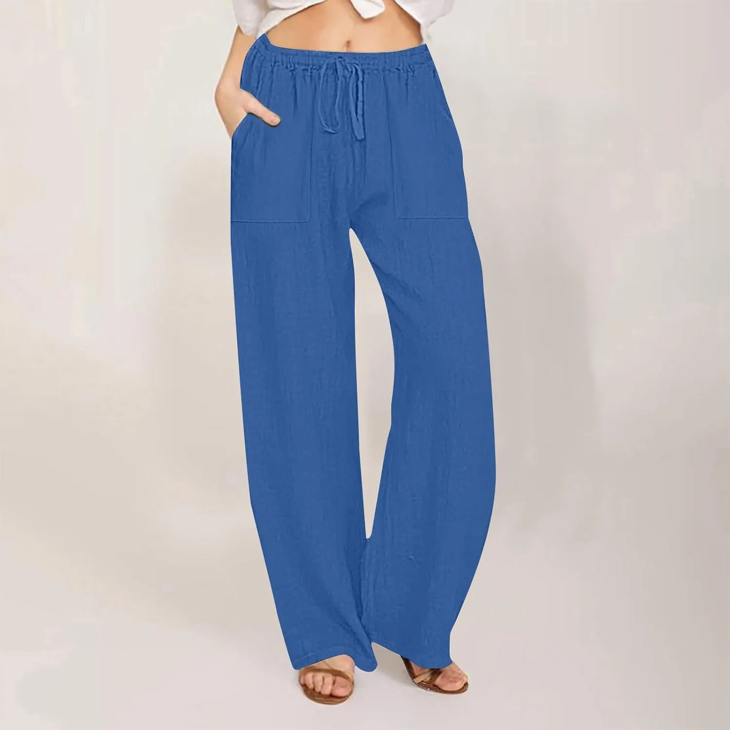 Women's Cotton Linen Wide Leg Pants High Waisted Casual Comfy Palazzo Trousers Vacation Beach Outfit with Drawstring