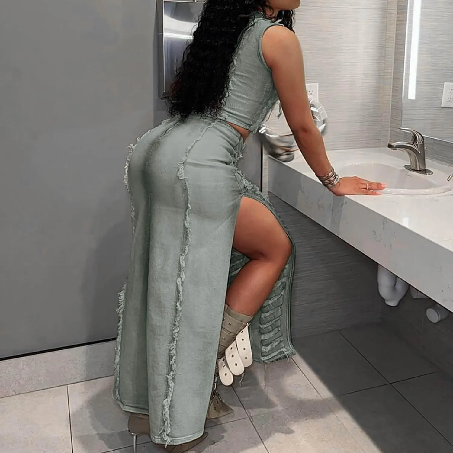 Women's Denim Set Hand Worn Vest with High Slit Denim Skirt Set Trendy Dresses