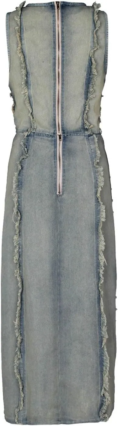 Women's Denim Set Hand Worn Vest with High Slit Denim Skirt Set Trendy Dresses