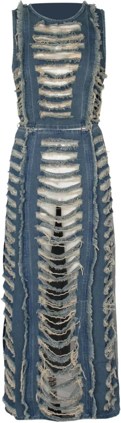 Women's Denim Set Hand Worn Vest with High Slit Denim Skirt Set Trendy Dresses