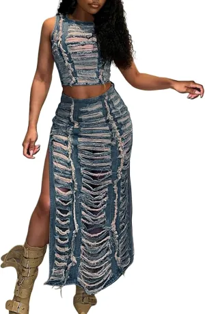 Women's Denim Set Hand Worn Vest with High Slit Denim Skirt Set Trendy Dresses