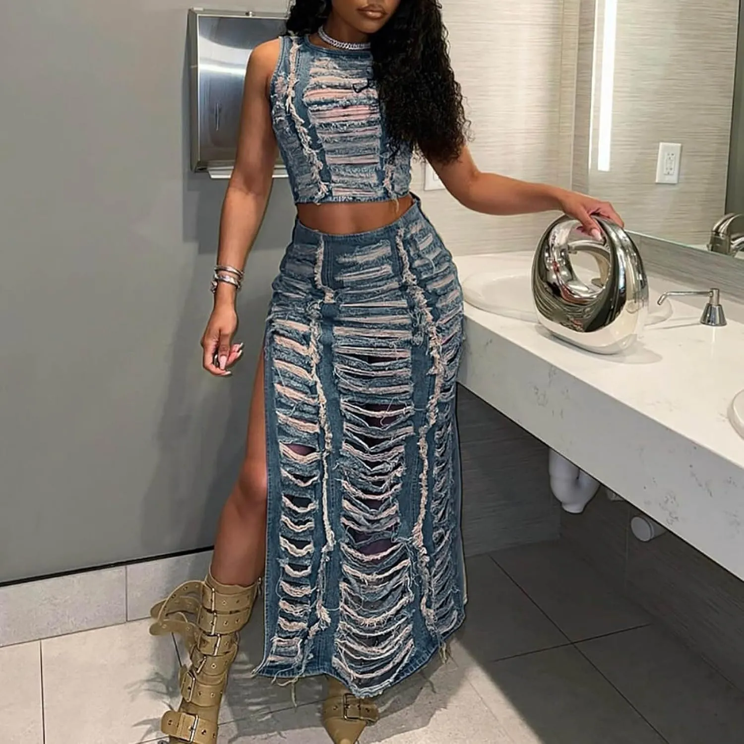 Women's Denim Set Hand Worn Vest with High Slit Denim Skirt Set Trendy Dresses