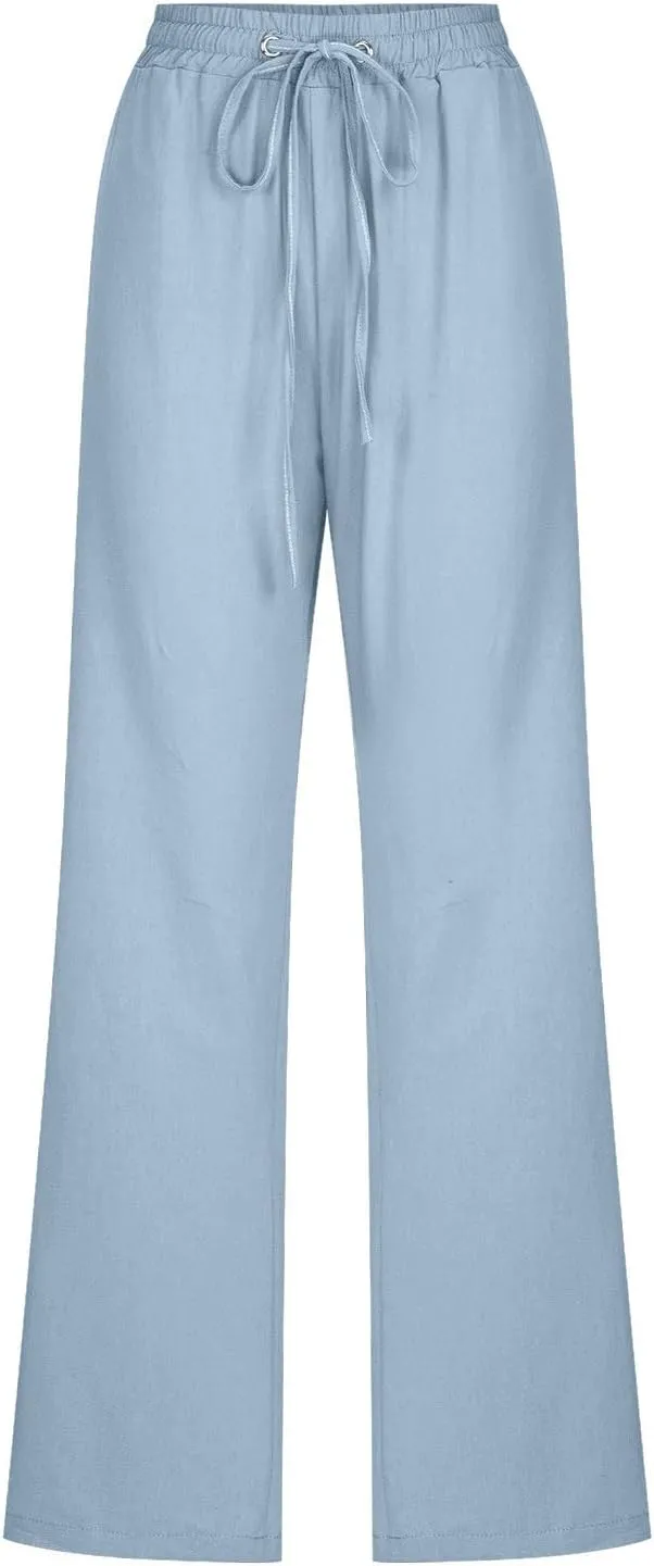 Womens Drawstring Linen Pants High Waisted Elastic Waist Pants Lightweight Straight Leg Lounge Pants Summer Pants