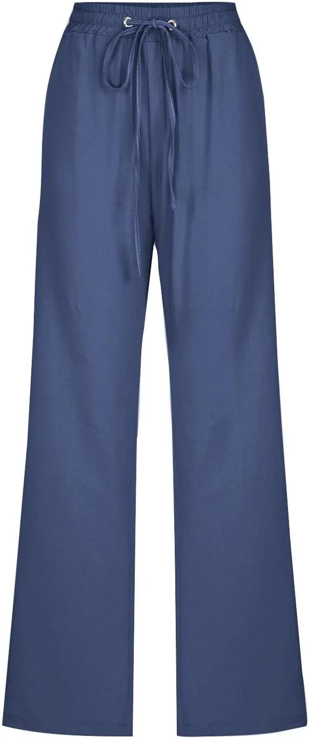 Womens Drawstring Linen Pants High Waisted Elastic Waist Pants Lightweight Straight Leg Lounge Pants Summer Pants