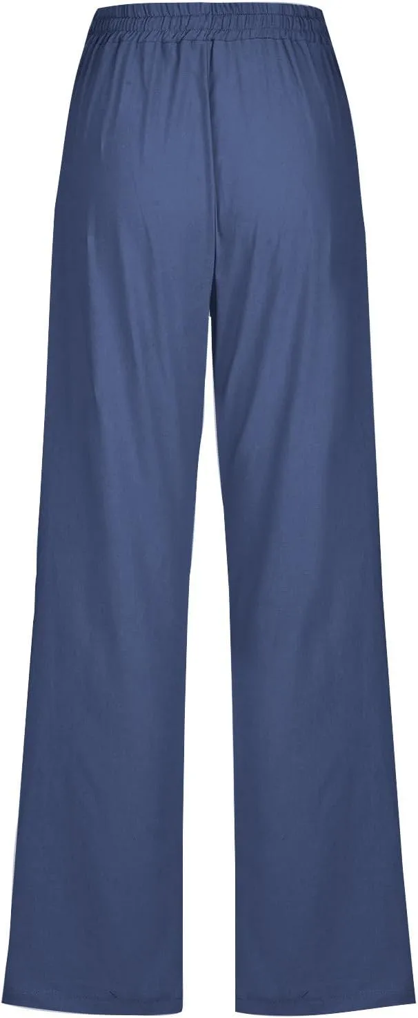 Womens Drawstring Linen Pants High Waisted Elastic Waist Pants Lightweight Straight Leg Lounge Pants Summer Pants
