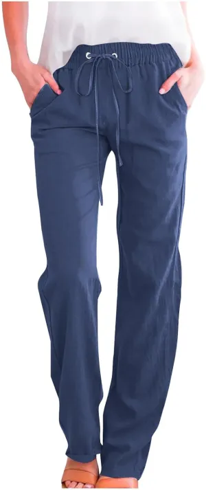 Womens Drawstring Linen Pants High Waisted Elastic Waist Pants Lightweight Straight Leg Lounge Pants Summer Pants