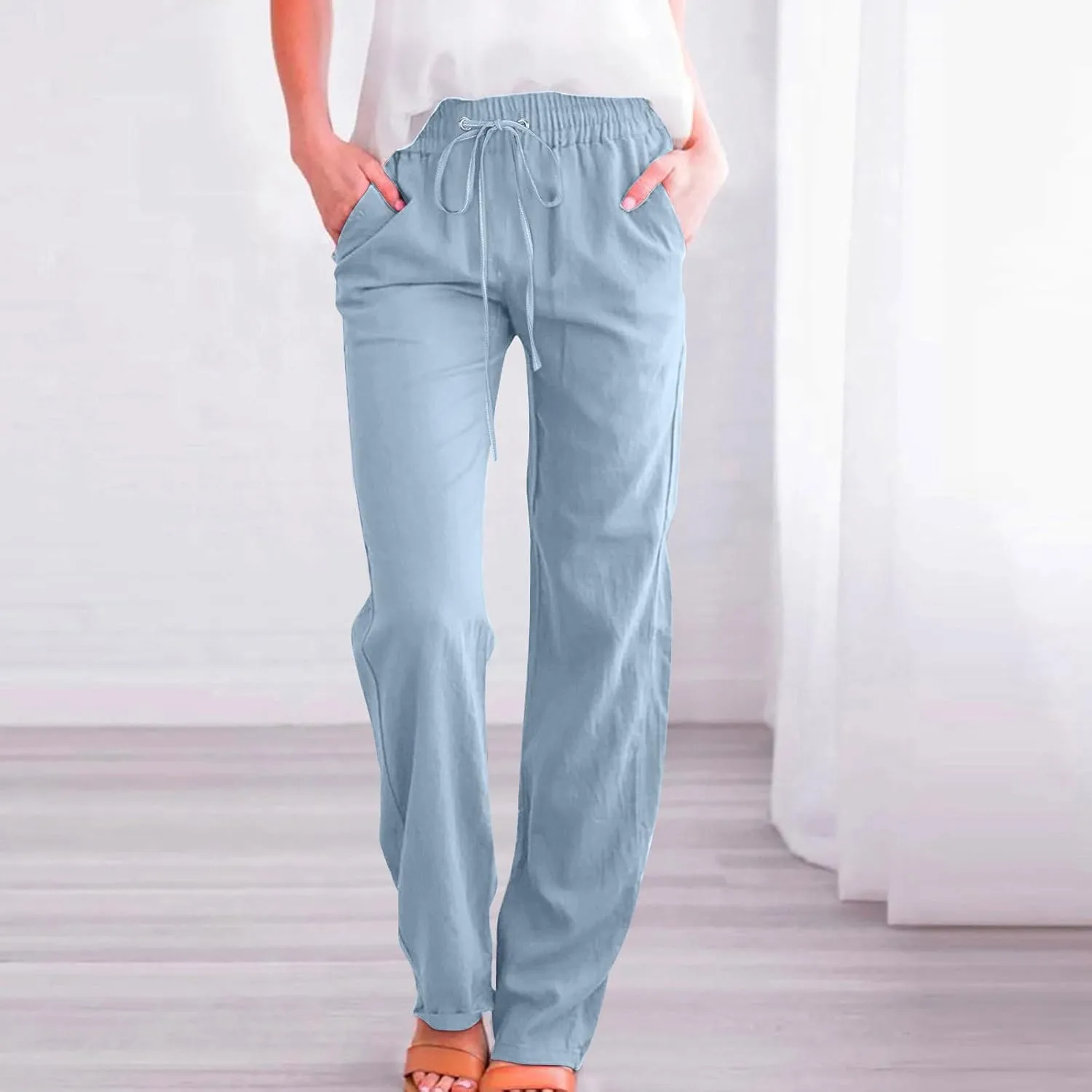 Womens Drawstring Linen Pants High Waisted Elastic Waist Pants Lightweight Straight Leg Lounge Pants Summer Pants