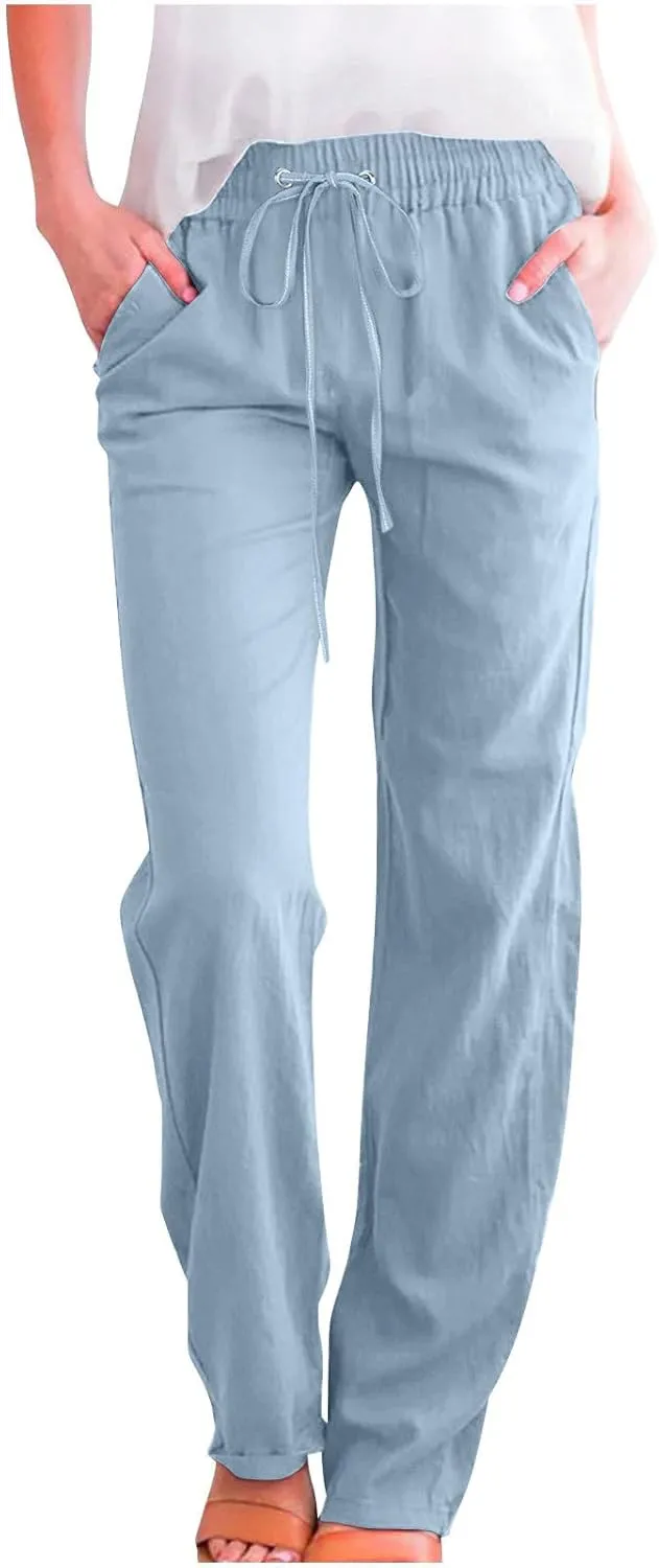 Womens Drawstring Linen Pants High Waisted Elastic Waist Pants Lightweight Straight Leg Lounge Pants Summer Pants