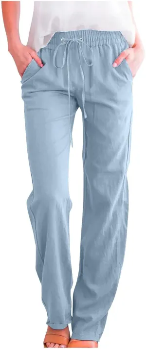 Womens Drawstring Linen Pants High Waisted Elastic Waist Pants Lightweight Straight Leg Lounge Pants Summer Pants