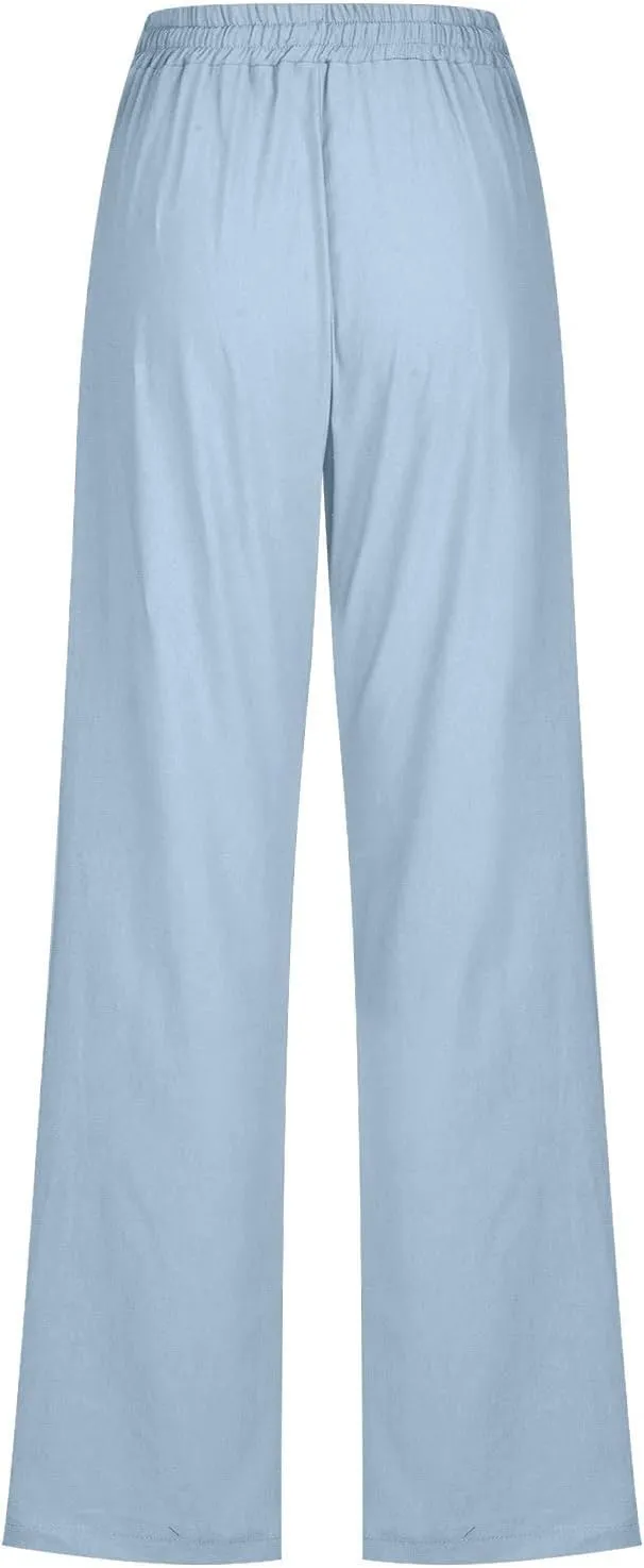 Womens Drawstring Linen Pants High Waisted Elastic Waist Pants Lightweight Straight Leg Lounge Pants Summer Pants