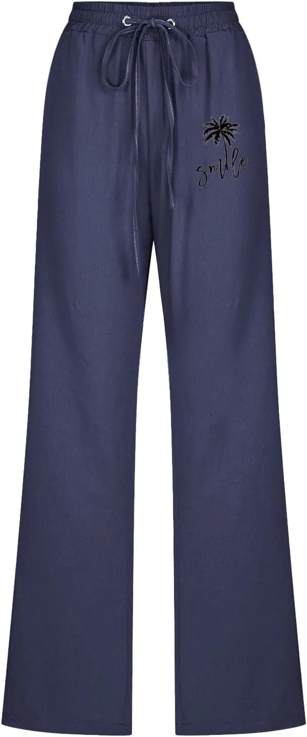 Womens Dress Pants Summer Drawstring High Waist Straight Leg Pants Casual Dressy Work Vacation Beach Trousers with Pockets