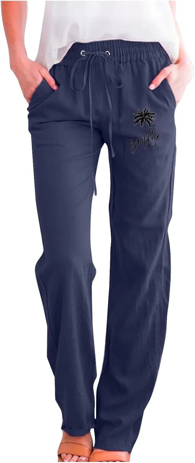Womens Dress Pants Summer Drawstring High Waist Straight Leg Pants Casual Dressy Work Vacation Beach Trousers with Pockets