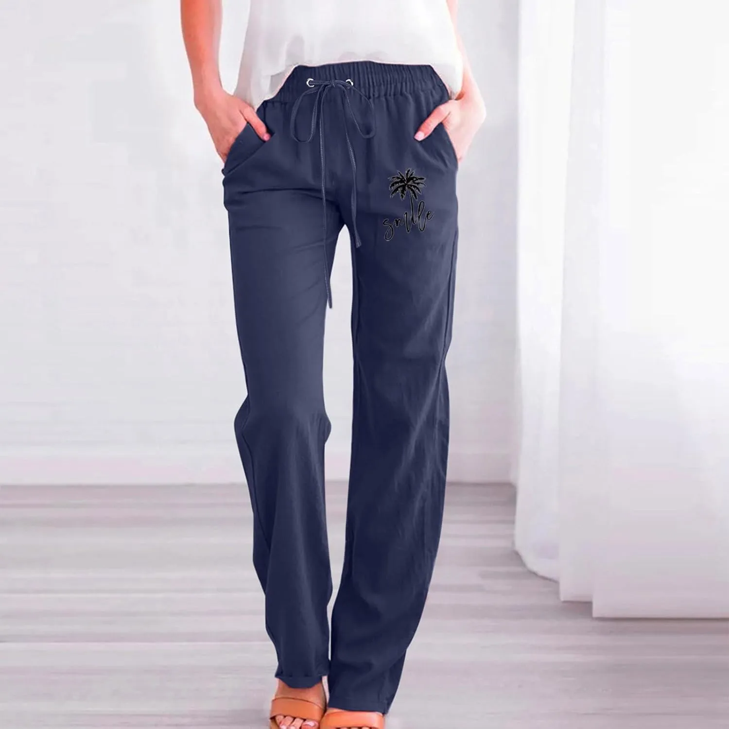 Womens Dress Pants Summer Drawstring High Waist Straight Leg Pants Casual Dressy Work Vacation Beach Trousers with Pockets