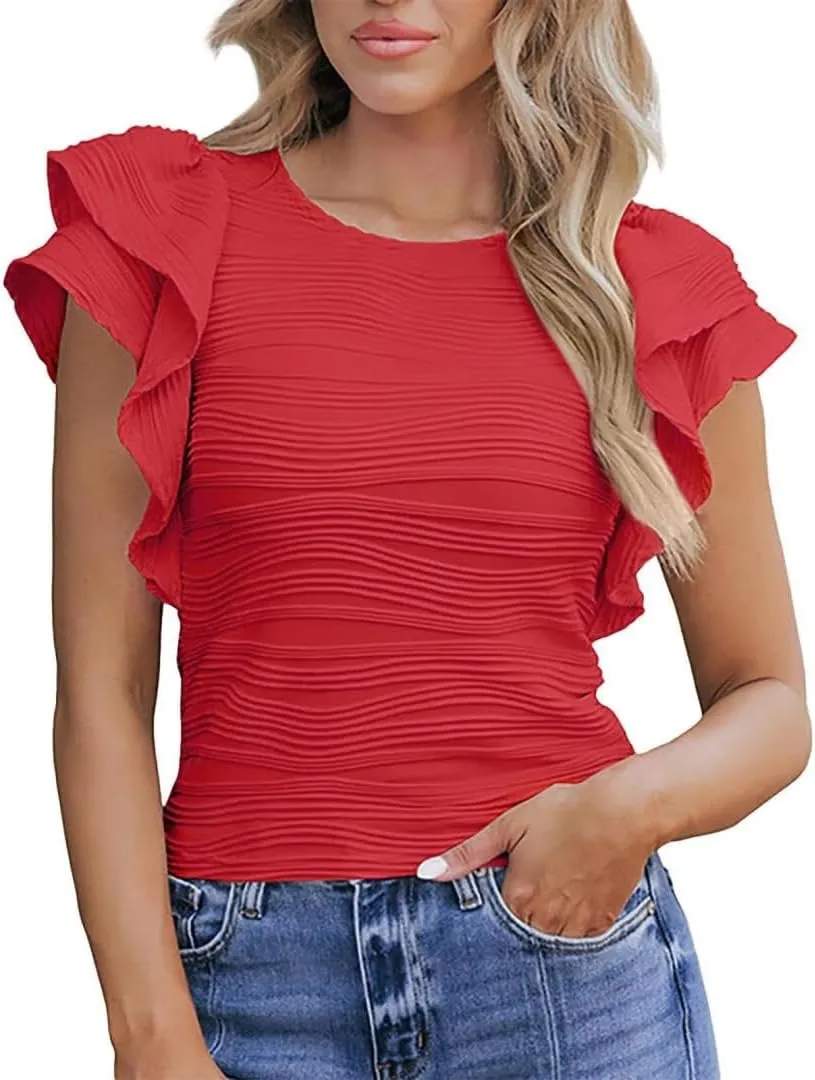 Women's Dressy Casual Tops Business Work Blouses Cap Sleeve Crewneck Shirts