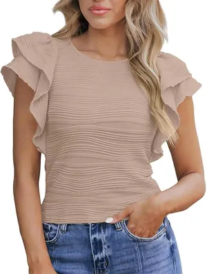 Women's Dressy Casual Tops Business Work Blouses Cap Sleeve Crewneck Shirts