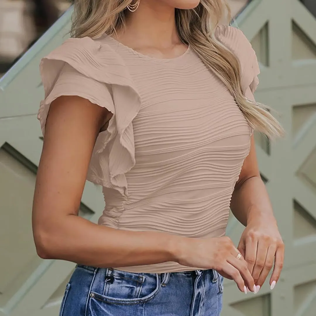 Women's Dressy Casual Tops Business Work Blouses Cap Sleeve Crewneck Shirts