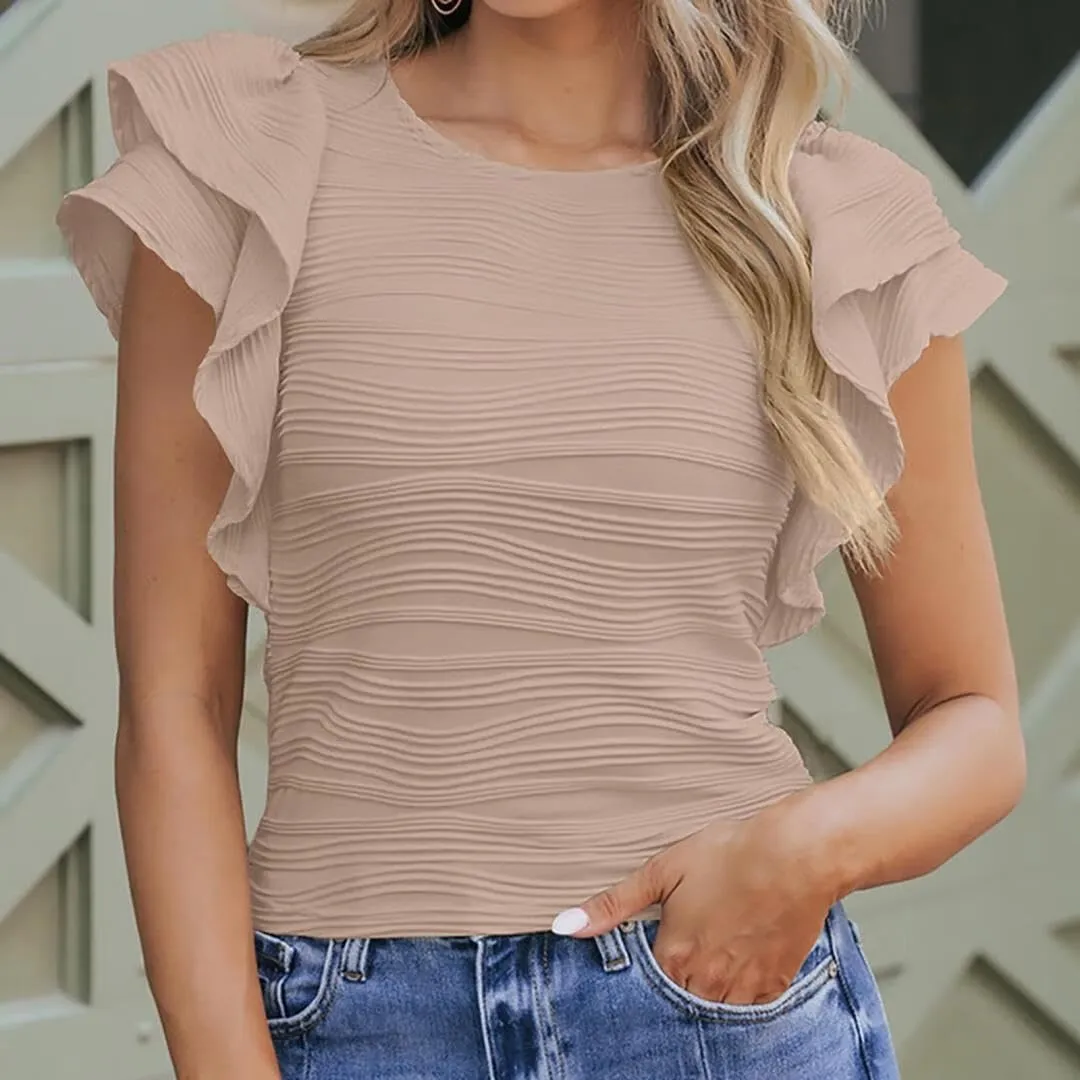 Women's Dressy Casual Tops Business Work Blouses Cap Sleeve Crewneck Shirts