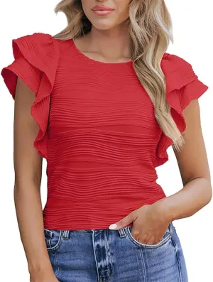 Women's Dressy Casual Tops Business Work Blouses Cap Sleeve Crewneck Shirts
