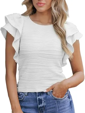 Women's Dressy Casual Tops Business Work Blouses Cap Sleeve Crewneck Shirts