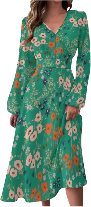 Womens Fall Dresses Long Sleeve V Neck Floral Print Wrap Maxi Dress Ruffle A-Line Flowy Long Dresses