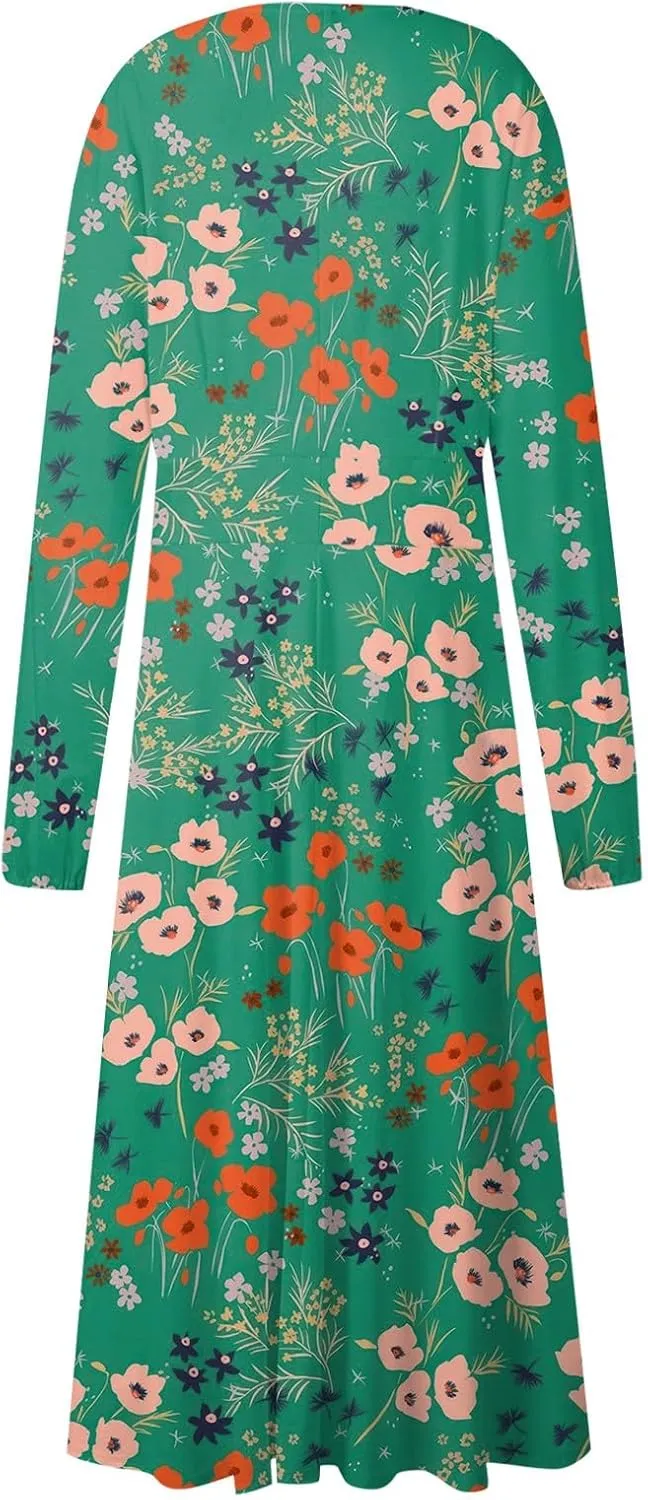 Womens Fall Dresses Long Sleeve V Neck Floral Print Wrap Maxi Dress Ruffle A-Line Flowy Long Dresses