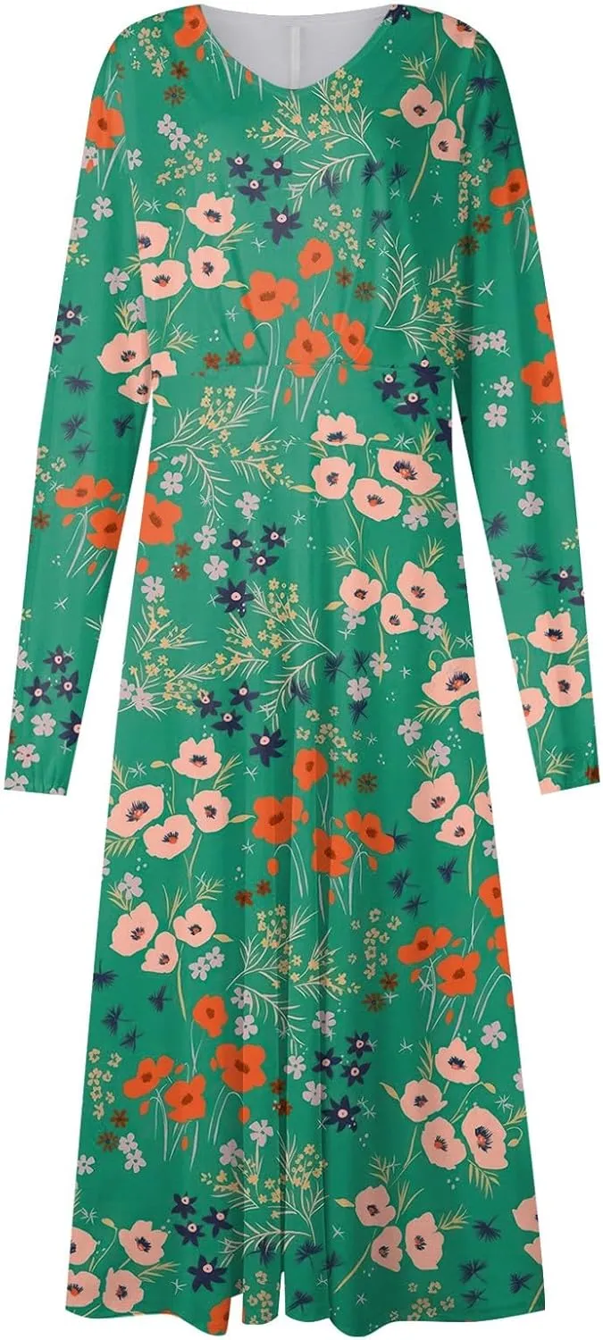Womens Fall Dresses Long Sleeve V Neck Floral Print Wrap Maxi Dress Ruffle A-Line Flowy Long Dresses