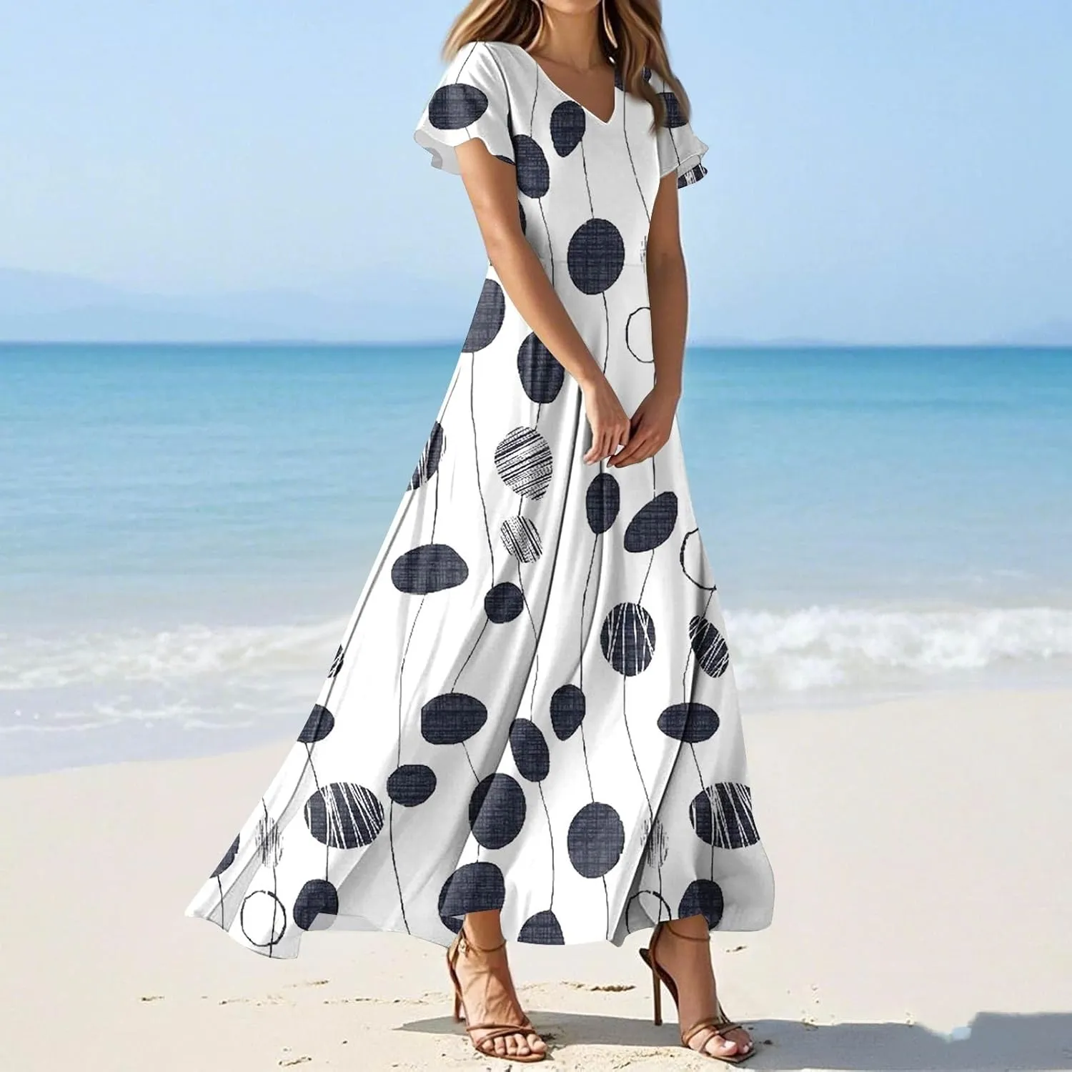 Womens Fashion V Neck Ruffle Short Sleeve Maxi Dress 2025 Summer Elegant Solid Color Flowy A Line Dresses