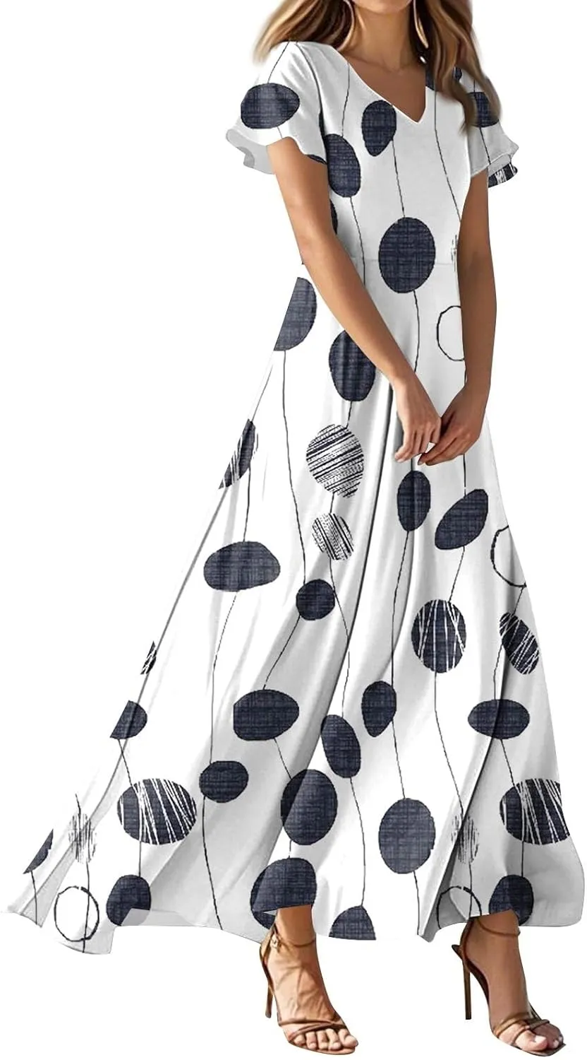 Womens Fashion V Neck Ruffle Short Sleeve Maxi Dress 2025 Summer Elegant Solid Color Flowy A Line Dresses